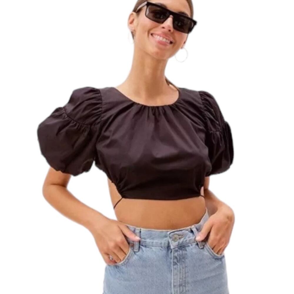 For Love and Lemons Black Cotton Midriff Tie Back Top M